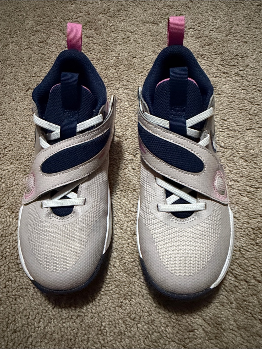 Nike Kids Beige and Navy basketball Sneakers with Pink Pull Tabs